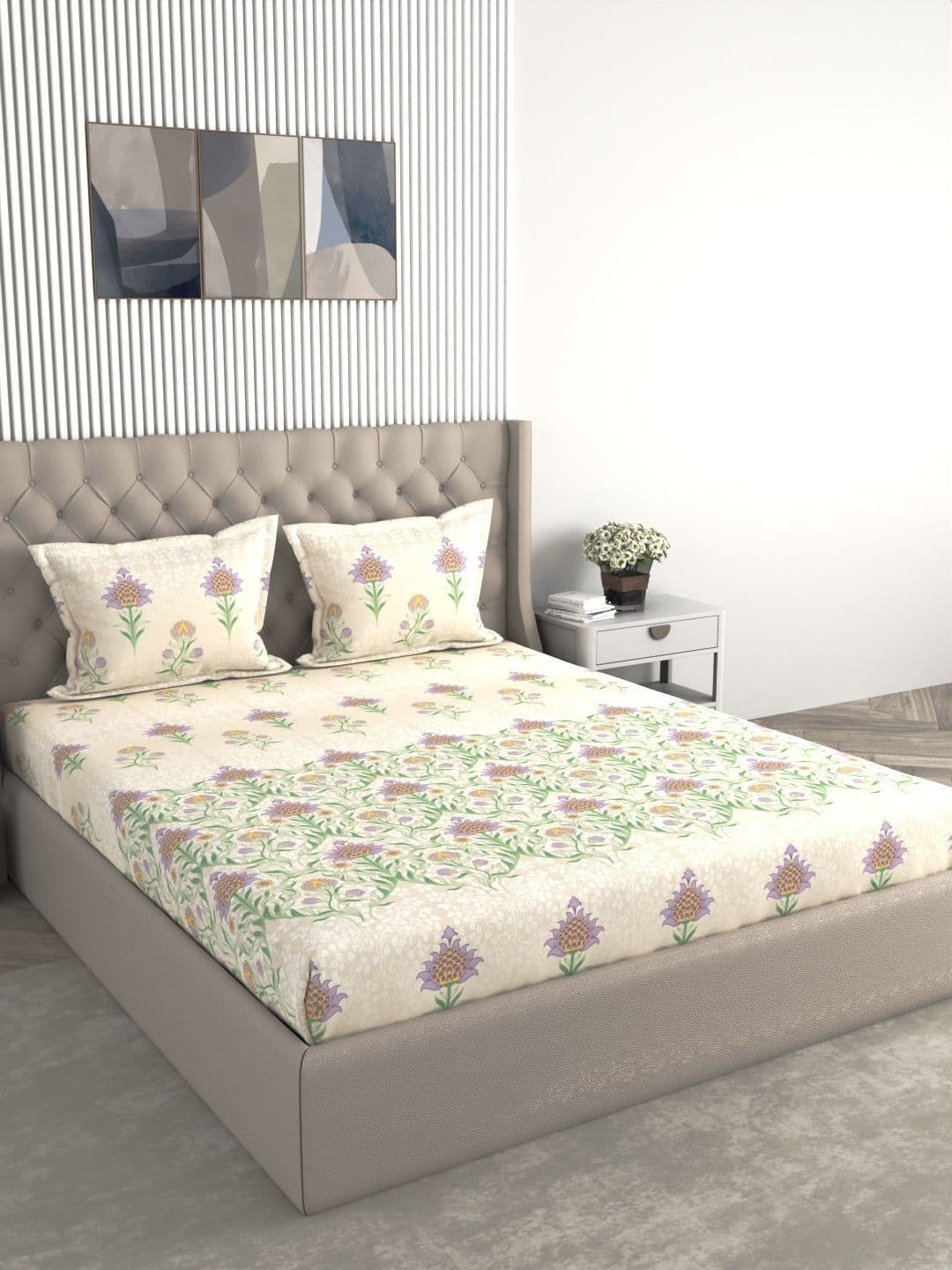 Raymond Home Cream Coloured & Lavender Floral 210 TC King Bedsheet With 2 Pillow Covers