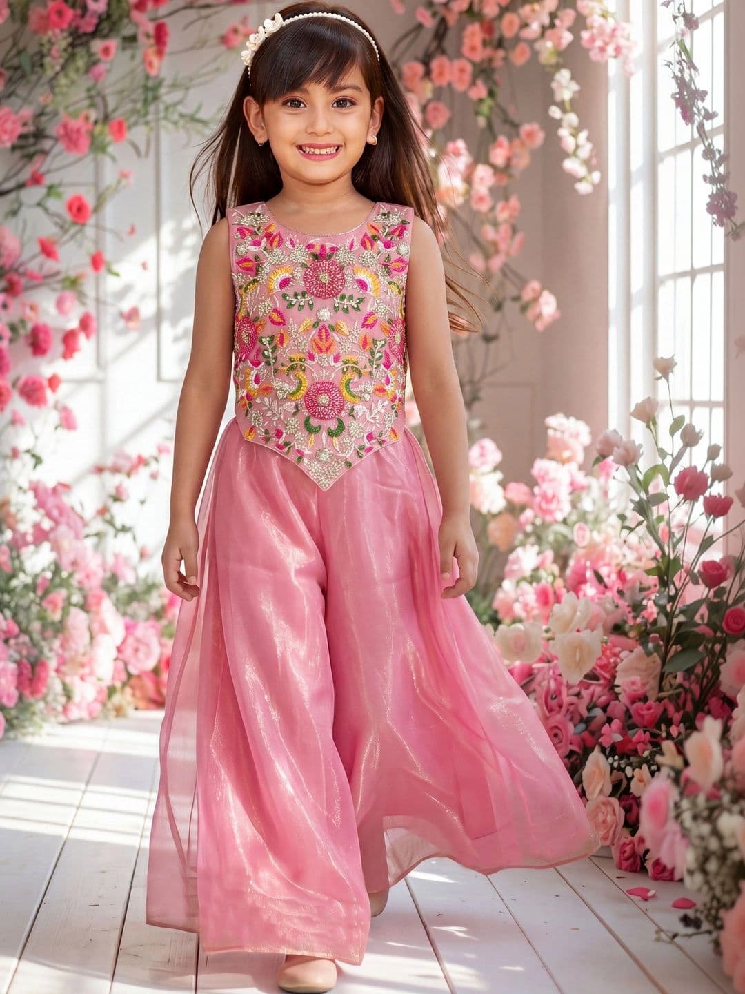 2ni8 lifestyle Girls Floral Embroidered Regular Thread Work Kurti with Palazzos