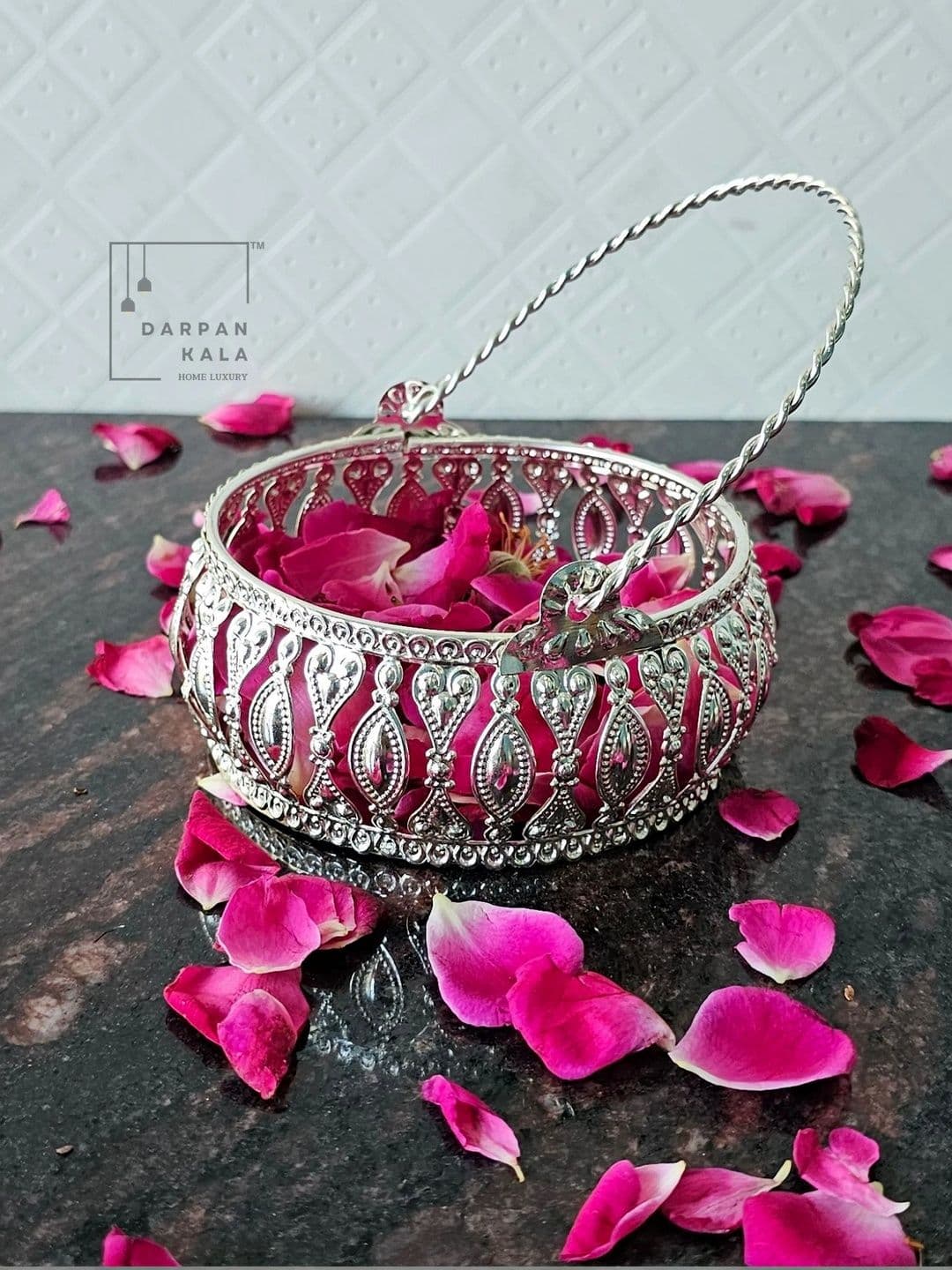 DARPAN KALA Decorative Silver Basket Bowl With Handle
