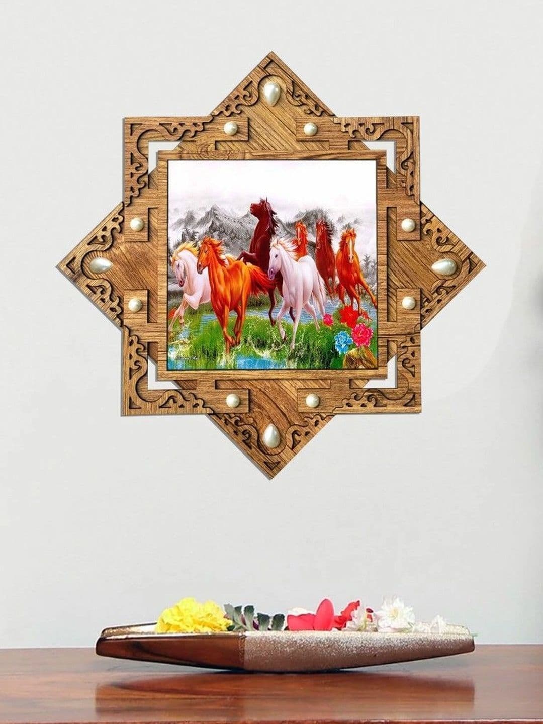 PnF Brown & Red Single Piece Wood Birds And Animals Wall Paintings
