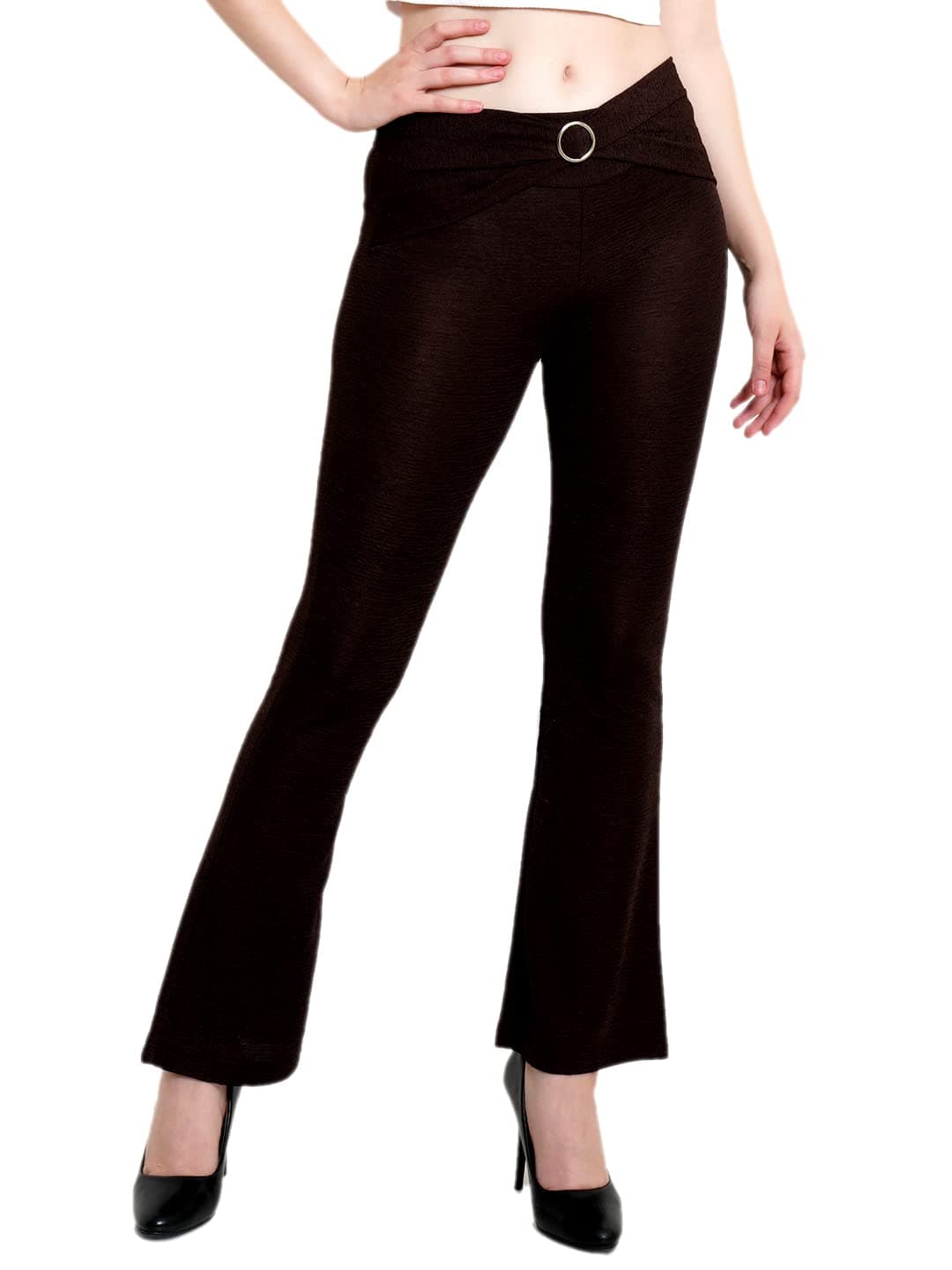 POPWINGS Solid Full-Length Polyester Regular-Fit Casual Bootcut Trouser Pants for Women for Casual Wear