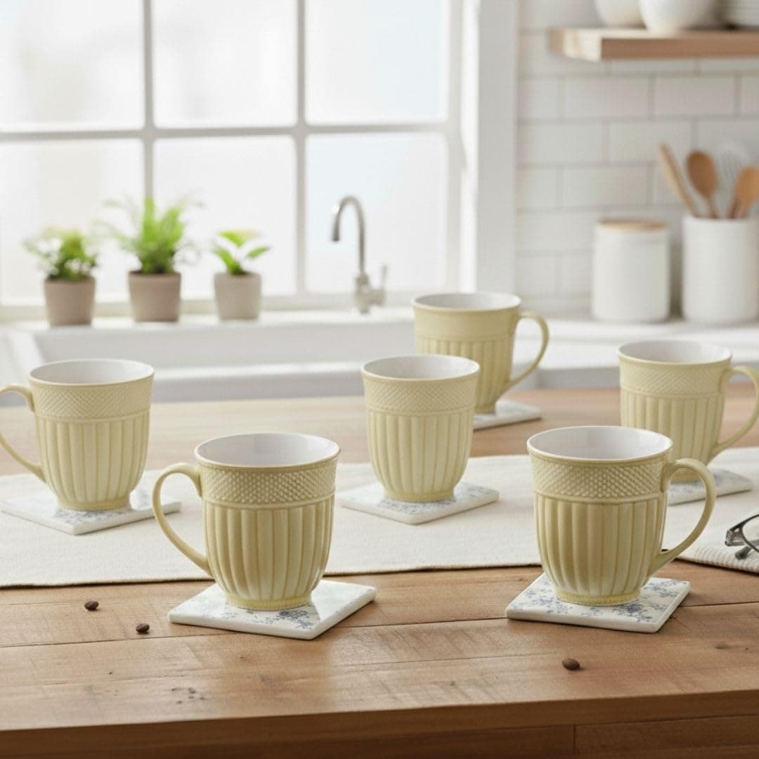 Clay Craft Fine Ceramic Tea Cups Set of 6| 200 Ml Elegant Textured Cups with Comfortable Handle | Ideal for Tea| Coffee| Home Use & Gifting