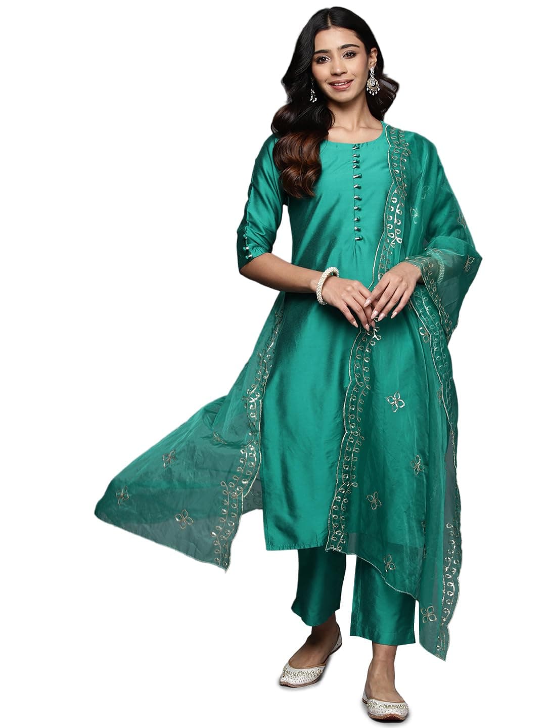 Libas Green Solid Silk Blend Straight Kurta With Trousers Dupatta | daily wear suit