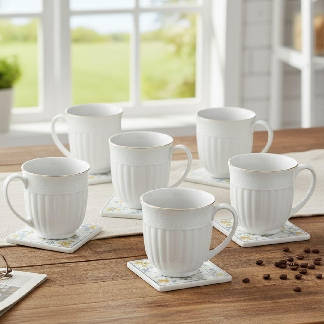 Clay Craft Fine Ceramic Tea Cups Set of 6| 200 Ml Elegant Textured Cups with Comfortable Handle | Ideal for Tea| Coffee| Home Use & Gifting