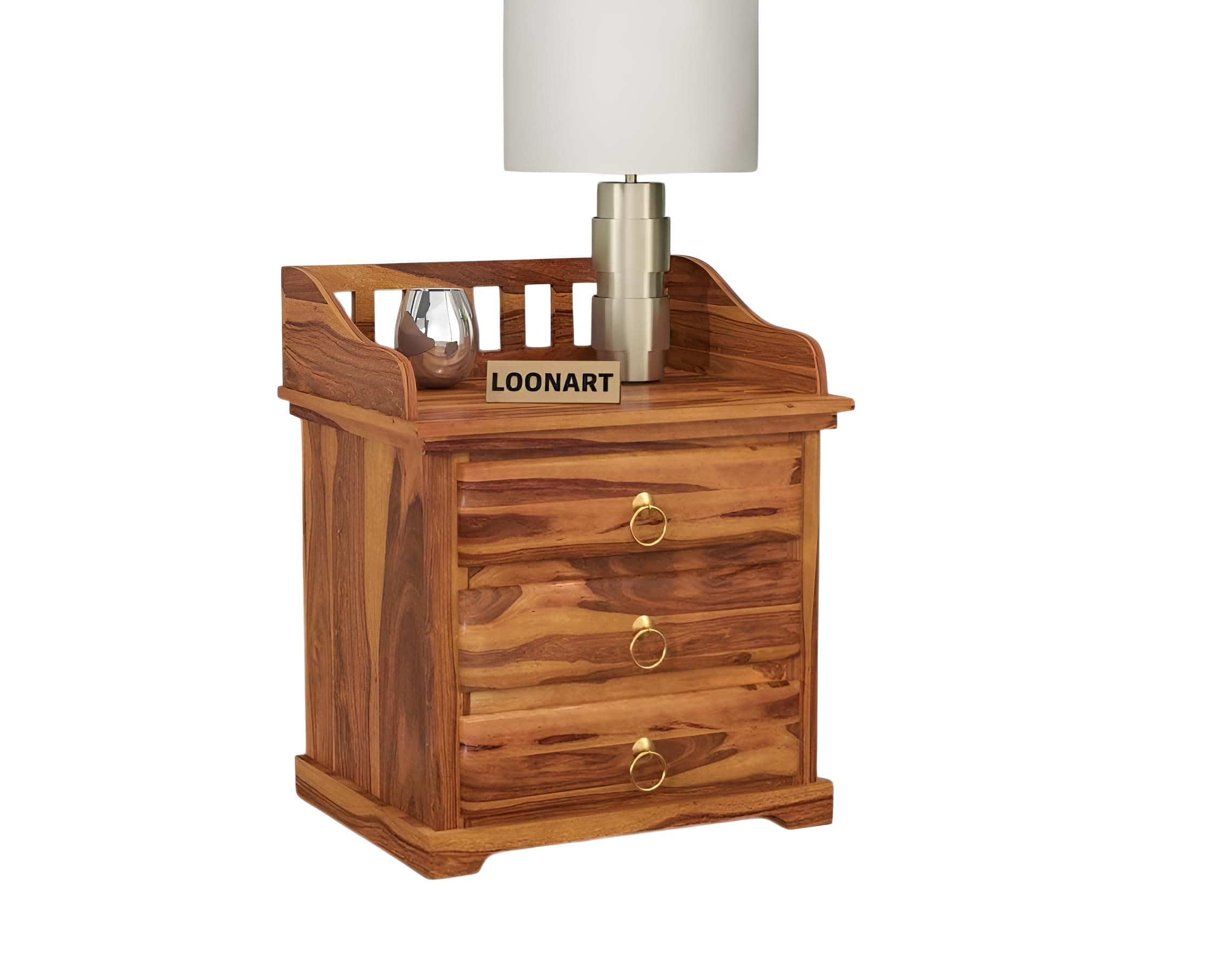 Loonart Solid Sheesham Wood Bed Side Table for Bedroom| Modern Wooden Bedside Table with 3 Drawers & 1 Shelf |Nightstand Side Table with Storage |End Table Furniture for Home, Living Room|Teak Finish