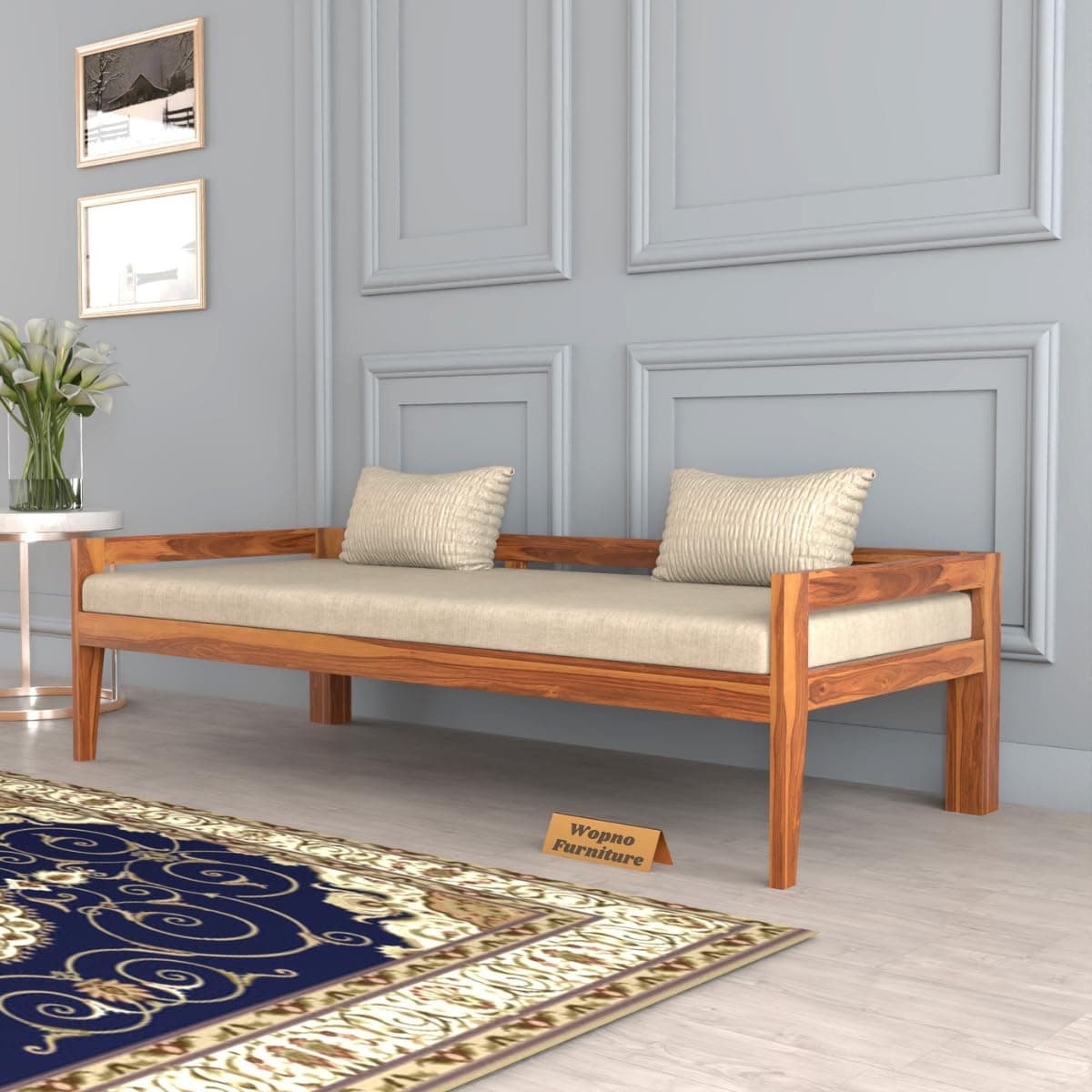 Solid Sheesham Wood Sofa 3 Seater Sofa Diwan Bed for Home Living Room Wooden Couch Diwan Sofa Sheet Without Small Pillow for Living Room and Office (Honey B, 3 Seater)