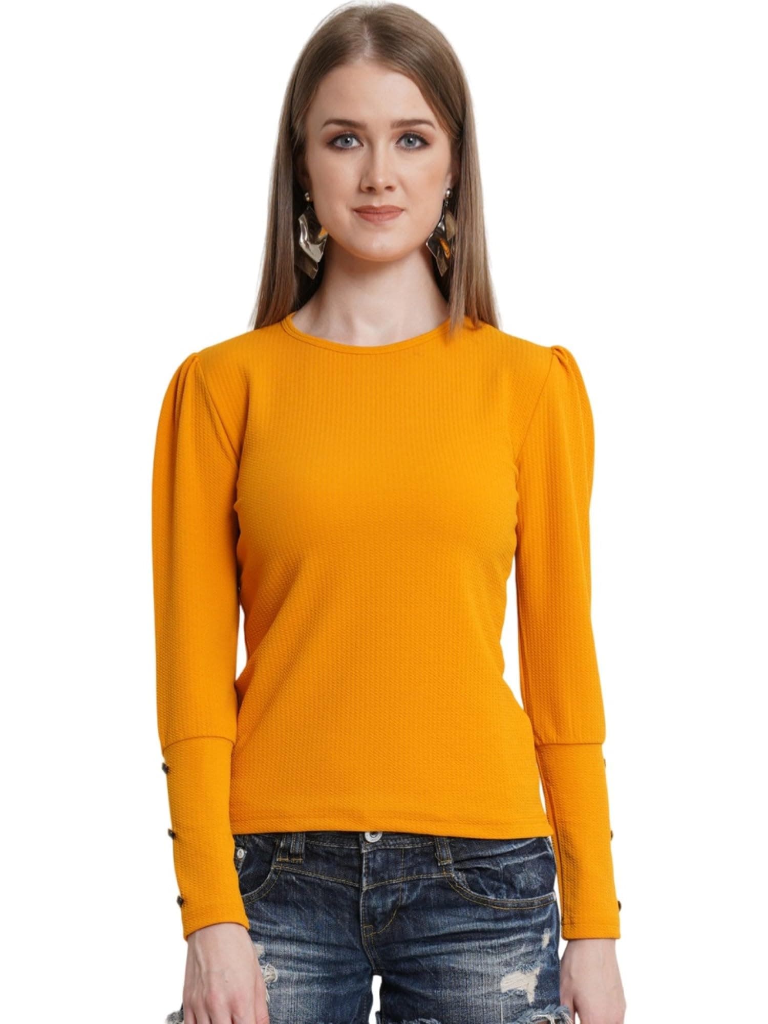 POPWINGS Casual Solid Puff Button Long Sleeves Top for Women || Summer Round Neck Stylish Western Top for Jeans