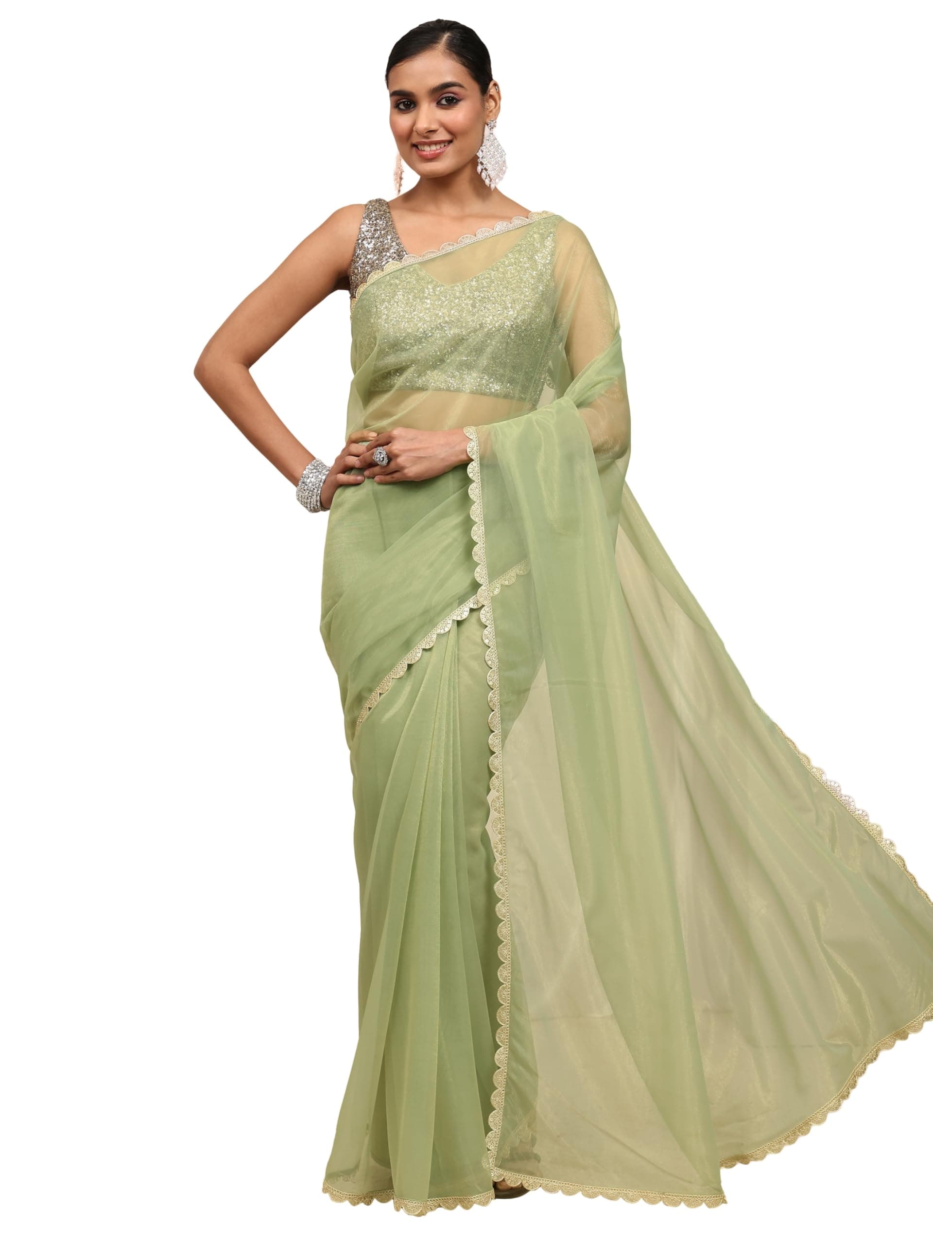 Libas Solid Net Saree for Women With Unstitched Blouse Piece | Traditional Saree for Party & Wedding