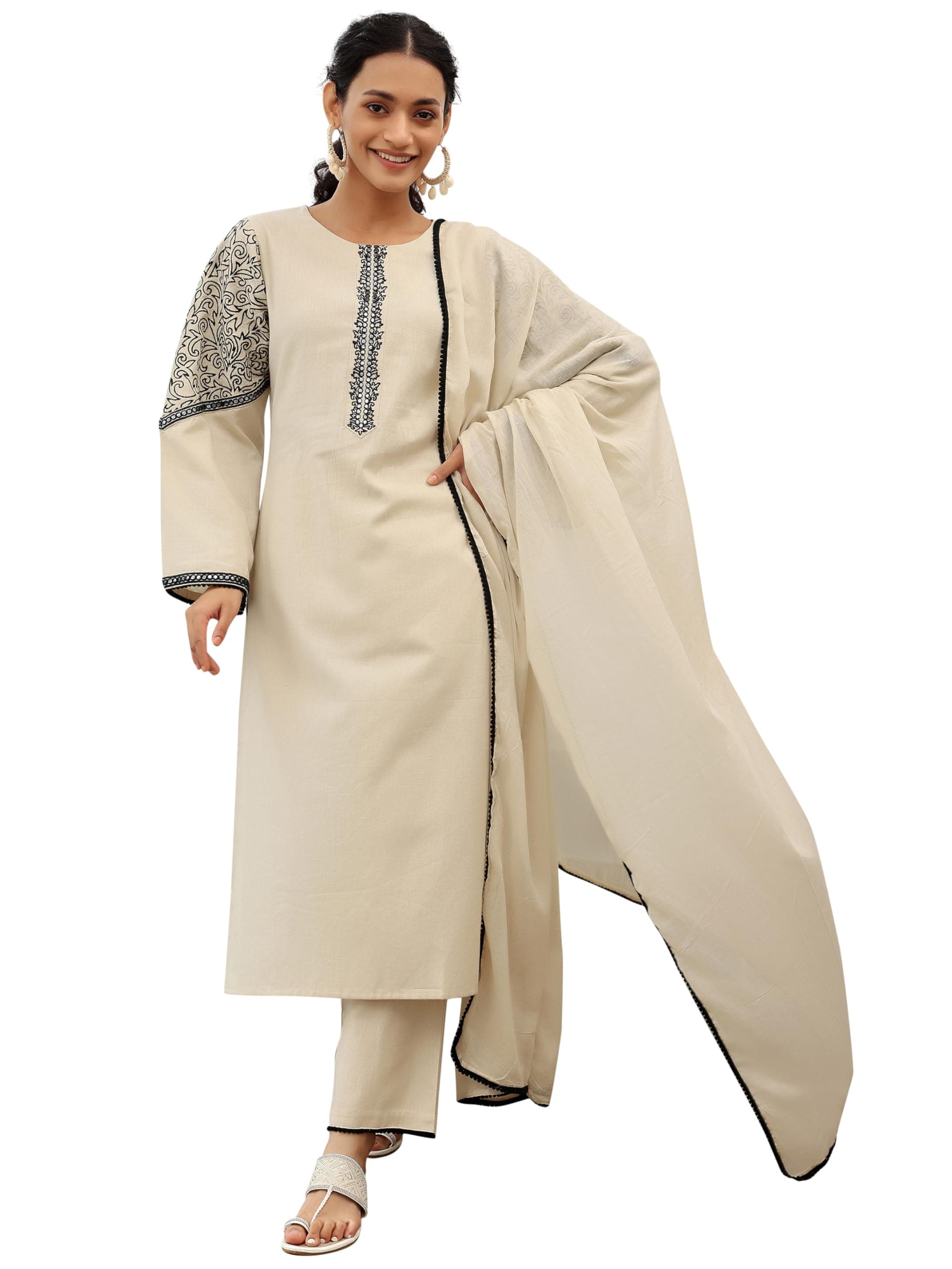Libas Beige solid straight kurta with floral embroidered sleeves with solid palazzo and dupatta | ethnic wear | bridal suit | wedding dress | occasion wear