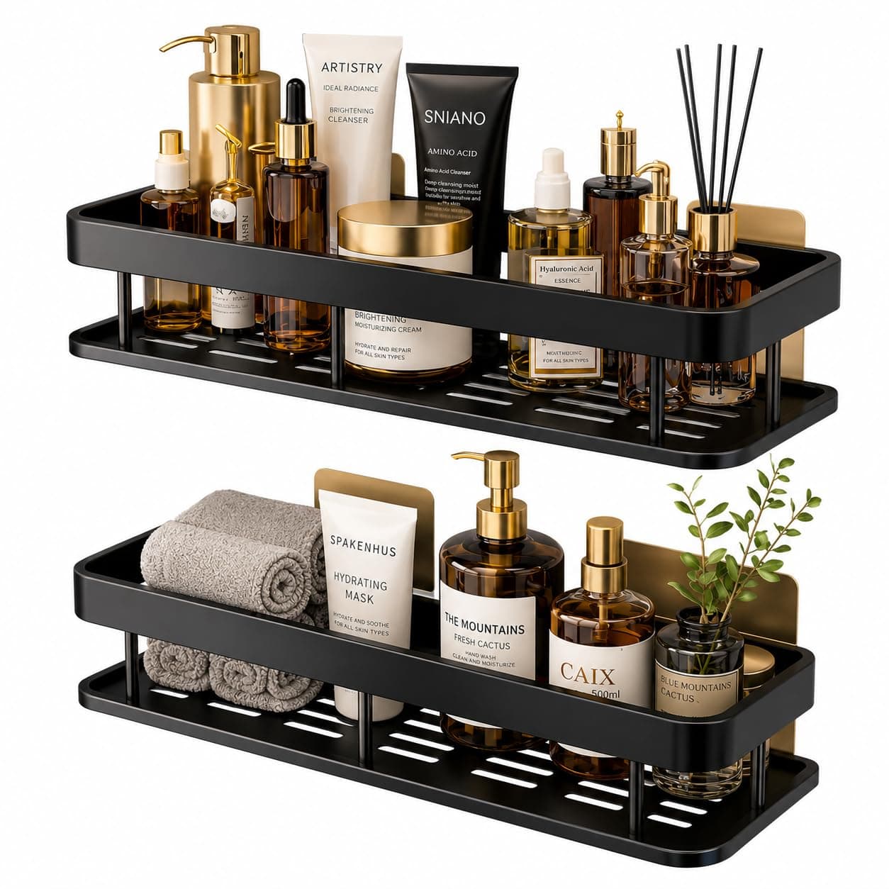iSTAR Self-Adhesive Wall Mounted Bathroom Shelf | No-Drill Space-Saving Storage Organizer Stand | Multipurpose Shower Caddy for Bathroom Accessories, Kitchen, Hotel, Home (Pack of 2, Black)