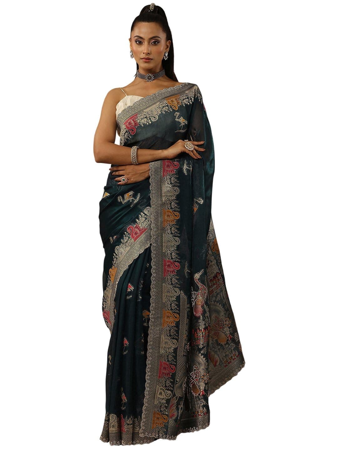 Libas Embellished Organza Saree for Women With Unstitched Blouse Piece | Traditional Saree for Party & Wedding