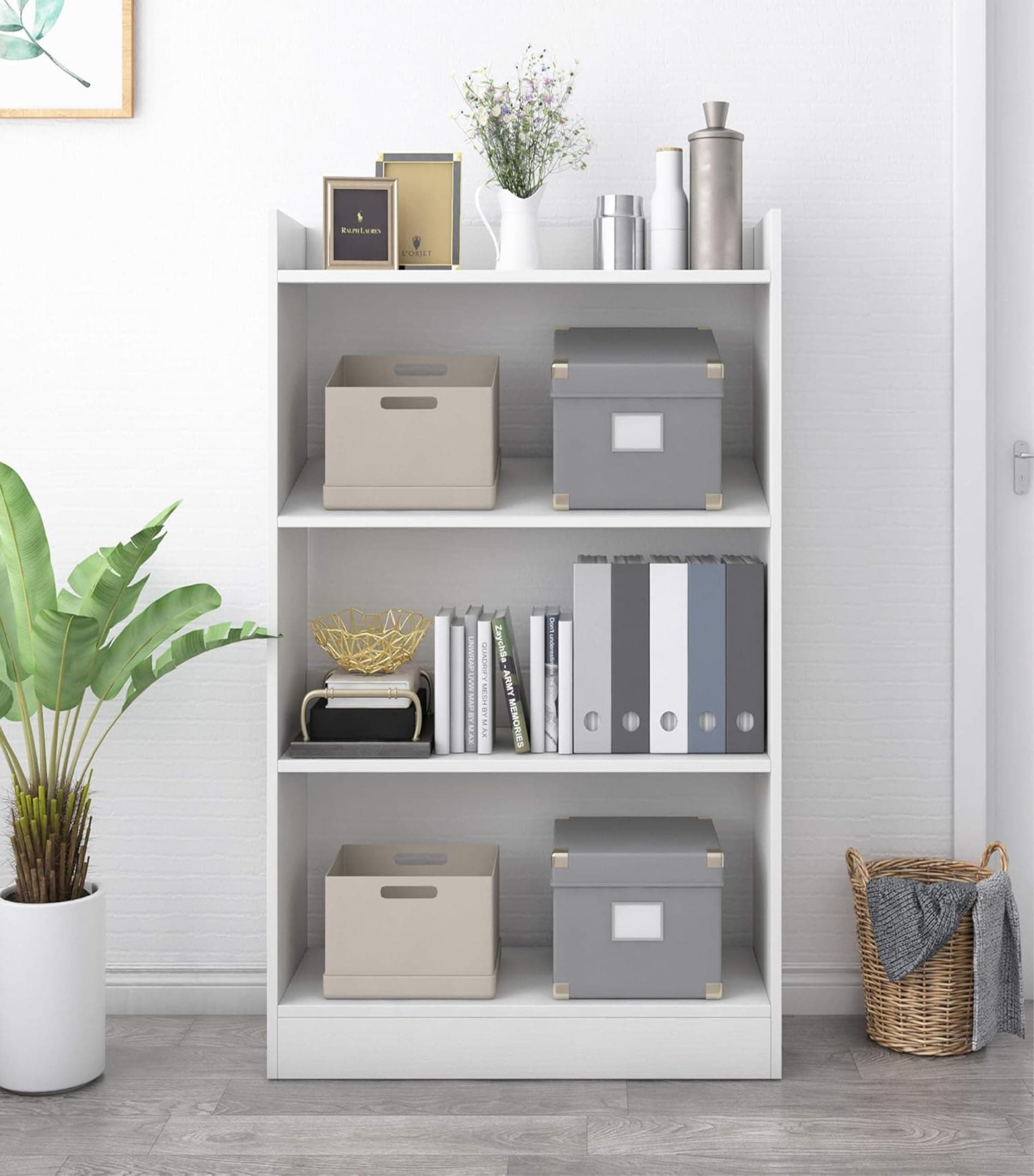 Enigmatic Woodworks Wooden Large Open Bookshelf Multipurpose for Home Rack Showcase Organizer for Living Room I Study Room I 4-Tier I Finish-Suede DIY (White) 61x24 x 91 cm