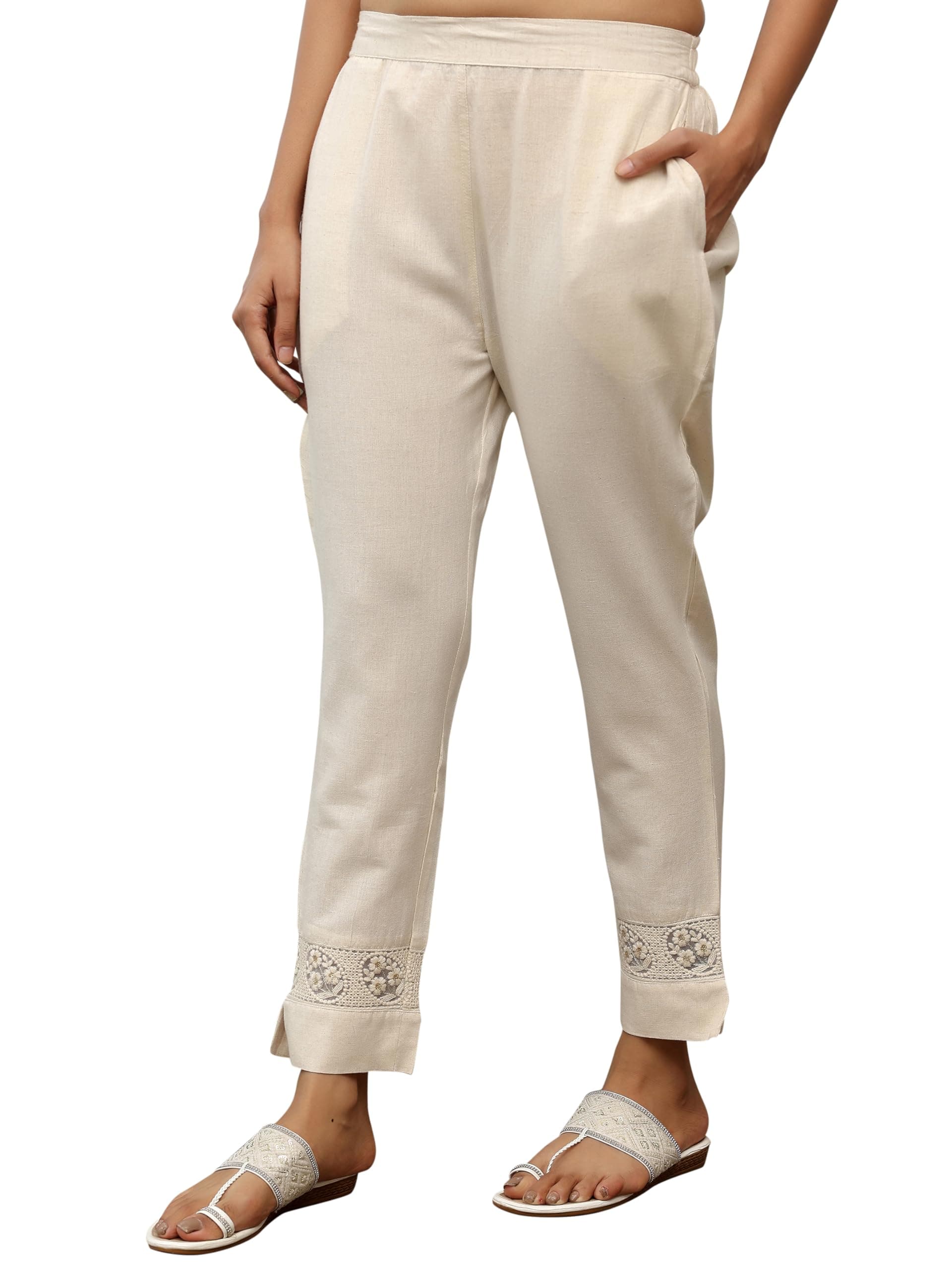 Libas Off White Solid Cotton Trouses for Women | Ethnic wear | Occasion Outfit