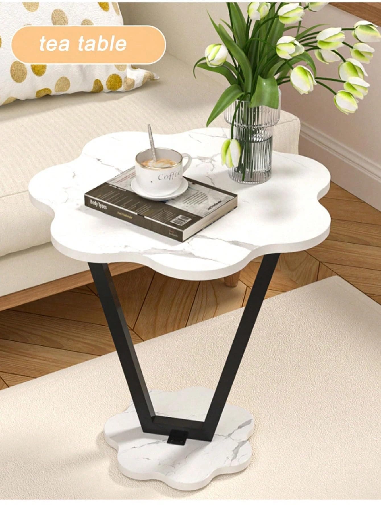 Owme Adjustable Table Stands Couch Side, Swivel TV Tray Table, C-Shaped End Table, Small Center Table for Home Office for Bedroom, Living Room | Closet with Dustproof Door (White, Flower)