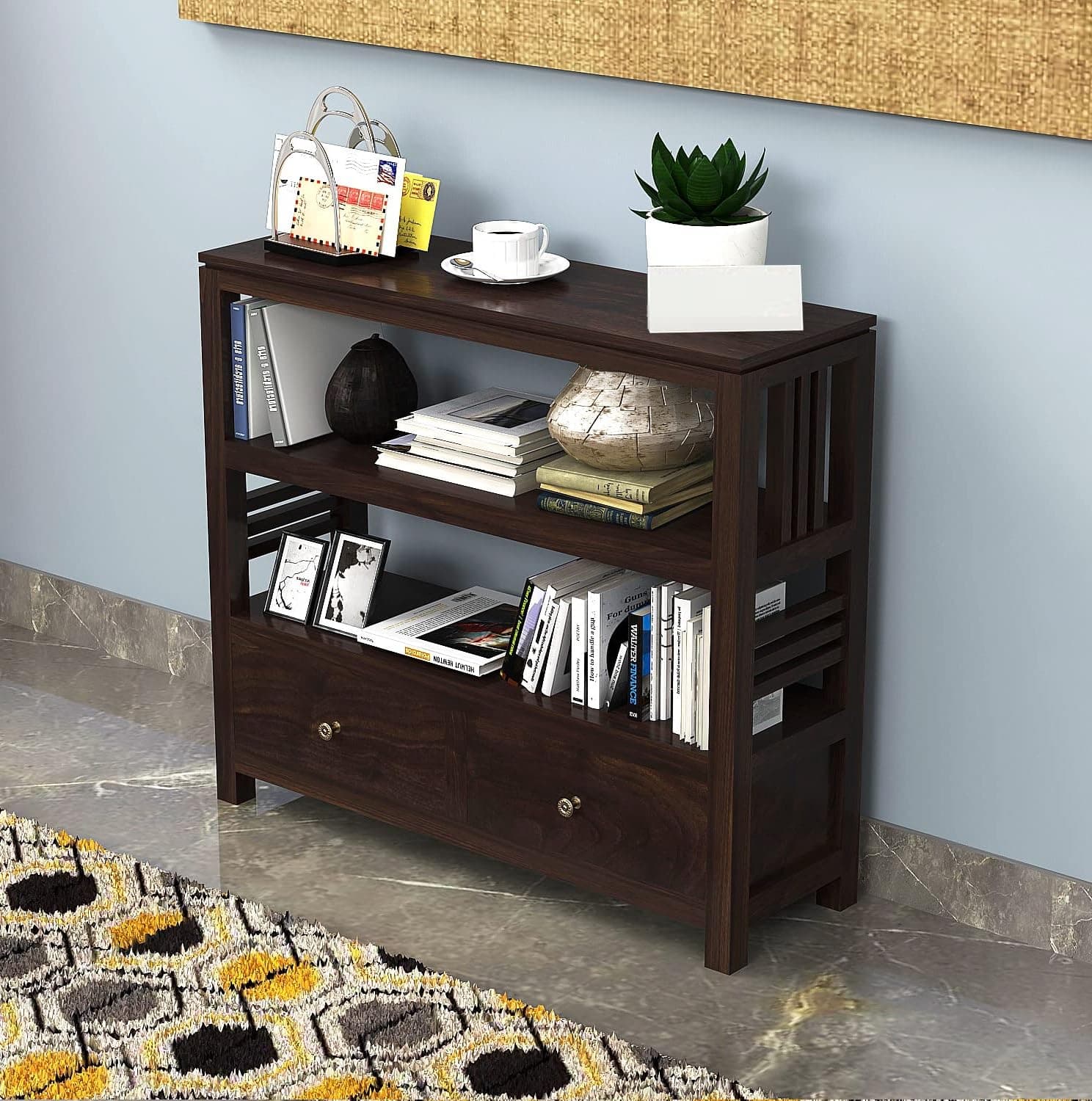 Solid Sheesham Wood Console Table for Living Room | Entryway Hallway Sofa & Fish Tank Table with 2 Drawers & Shelf Storage | Rosewood Walnut Finish