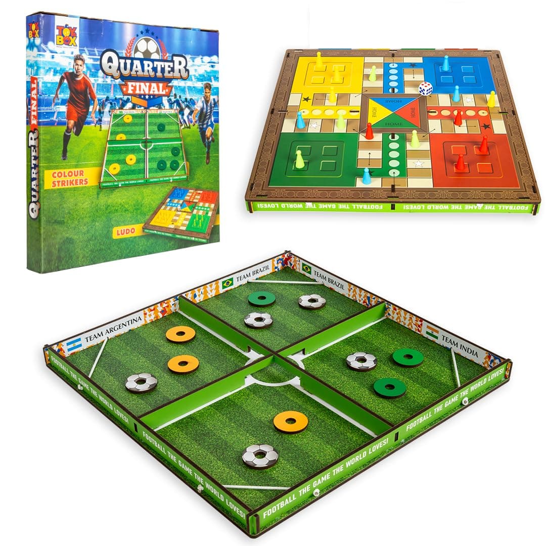 Quarter Final 3-in-1 Game Set of Wooden Table Games Like Football, Colour Strikers and Ludo Board Game, Multi-Player Family Board Game, Inteactive Fun Party Game for Kids 6+ Years