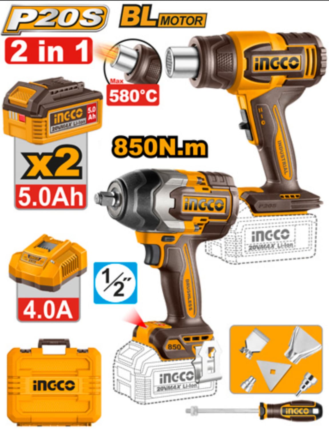 INGCO 2PCS COMBO KIT HGLI2008 CORDLESS HEAT GUN WITH 850NM Cordless Impact Wrench
