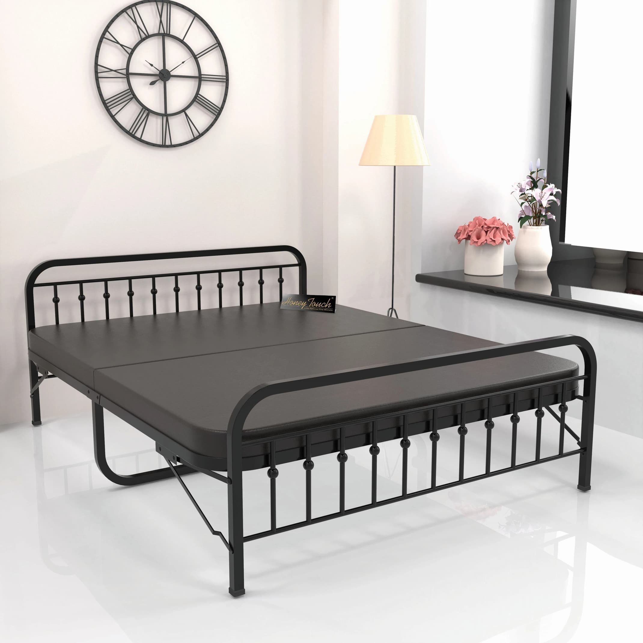 HoneyTouch Folding Double Bed with Mattress | No Assembly Required | Metal Double Bed, 198 cm x 121 cm (6.5 ft x 3.97 ft) (Finish Color - Black, (Mattress Included), Delivery Condition - Pre-assembled)