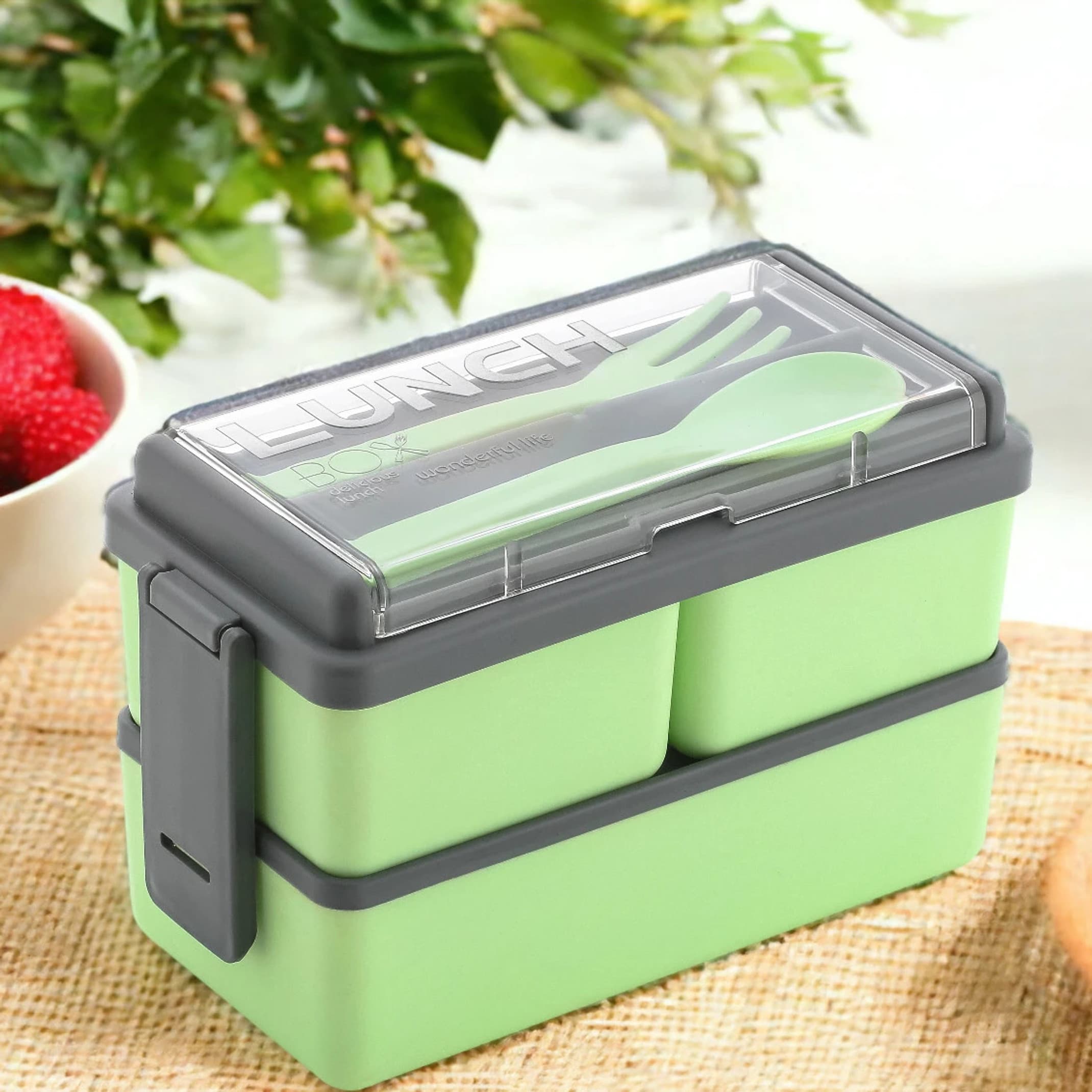 OMORTEX Rectangular Classy 3 Section With 1 Spoon & 1 Fork 3 Containers Plastic Office Lunch Box (1500 ml)