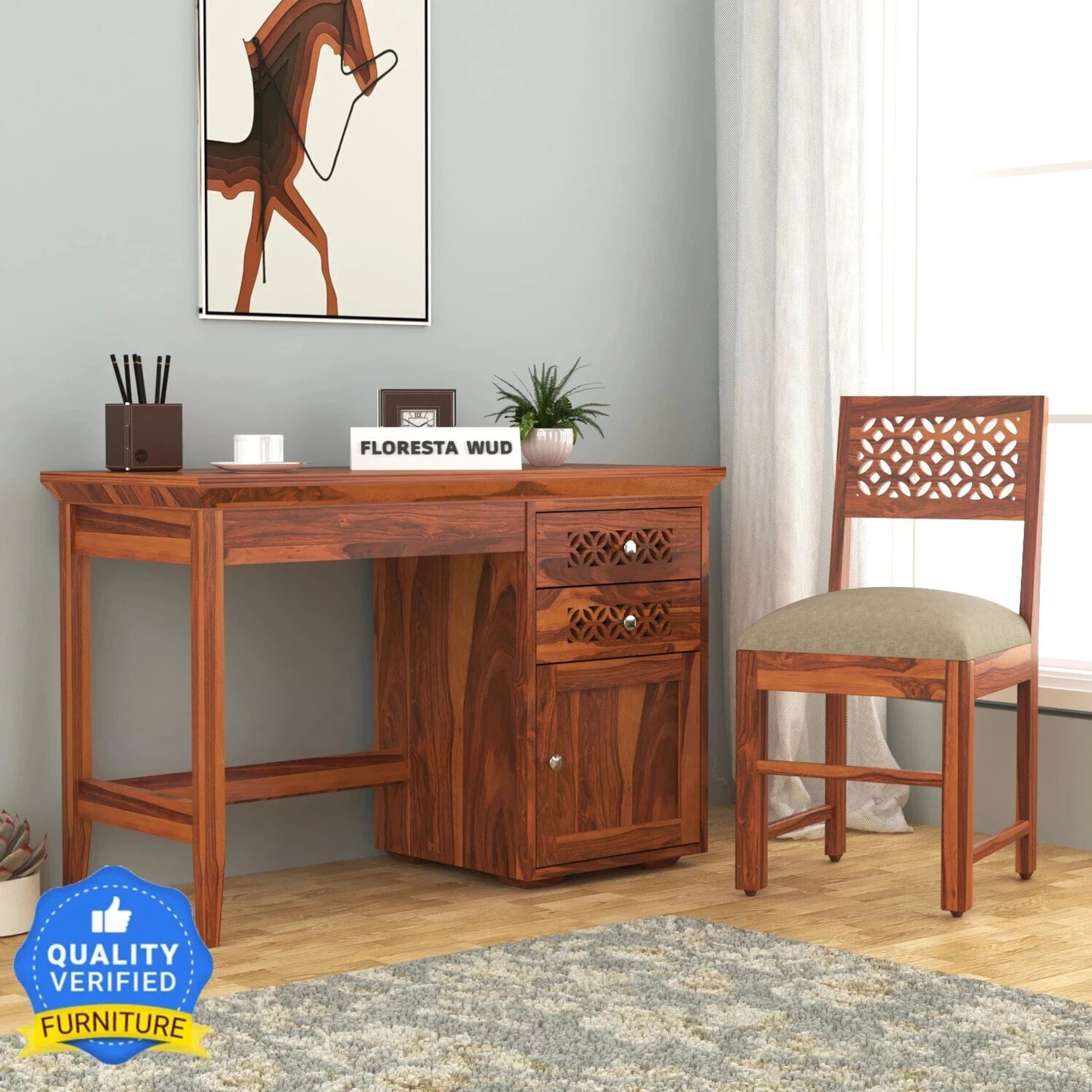 Floresta Wud Sheesham Wood Study Computer Table with Cushioned Chair Solid Wood Study Table (Free Standing, Finish Color - Natural Honey, Chair Included, Pre-assembled)